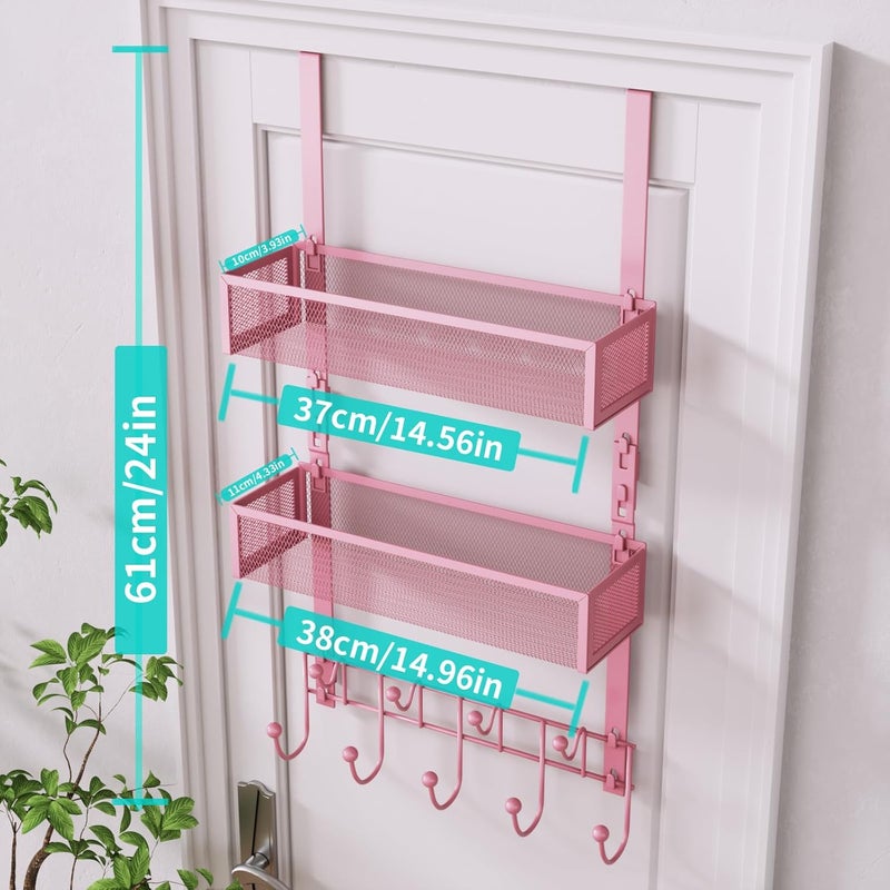 HapiRm Over The Door Hanger with Coat Hooks and 2 Baskets, Rustproof & Waterproof Pink Over The Door Hooks, Storage Organizer for Hats, Bathroom, Kitchen, Bedroom - Pink - Image 5